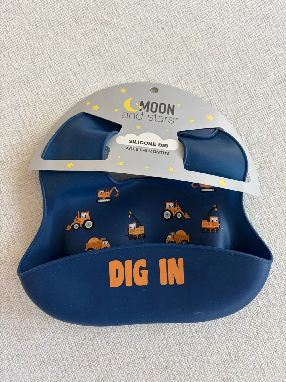 Navy Silicone Bib with 'Dig In' Construction Print